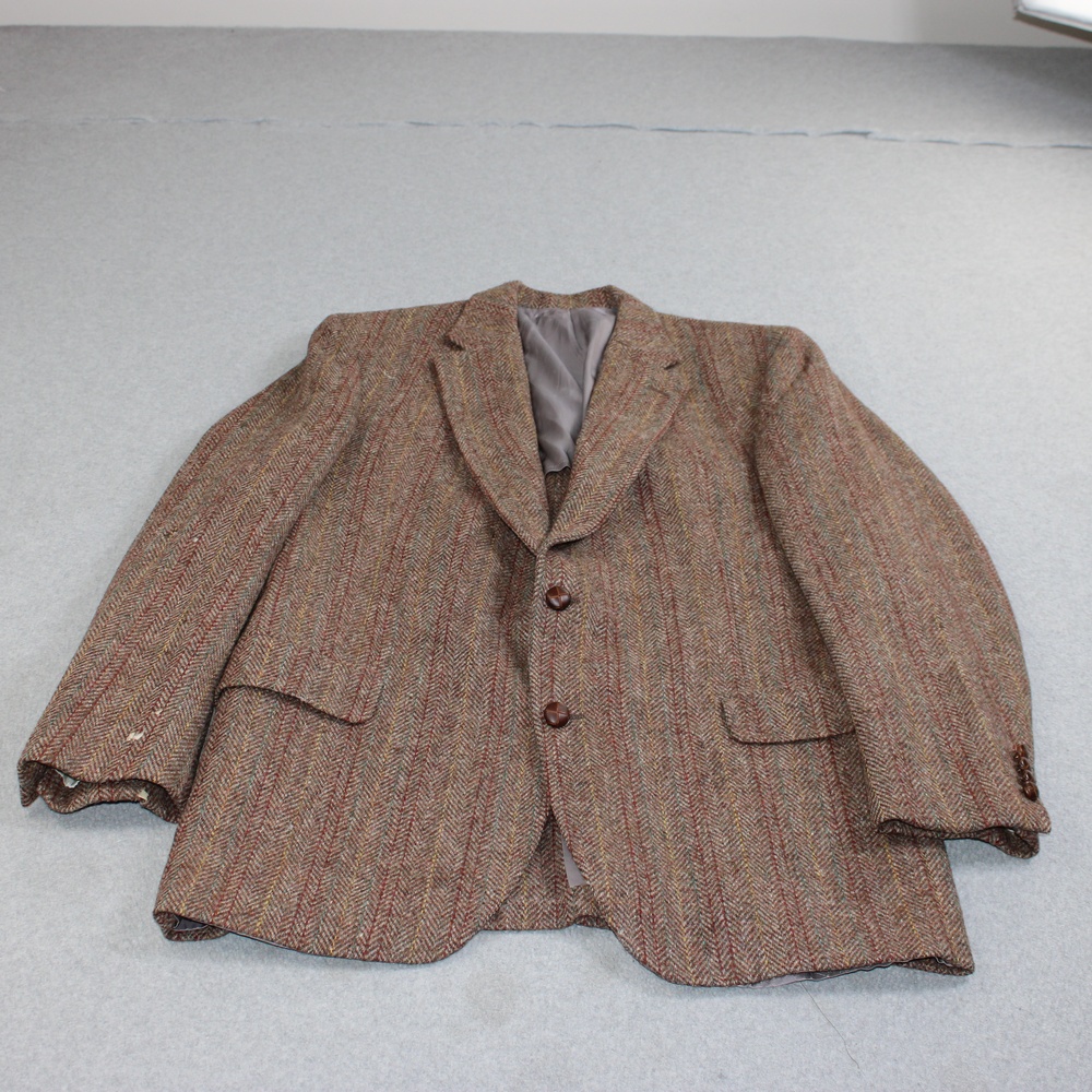 Lands End Harris Tweed Wool Blazer Mens Large Brown Herringbone Heritage READ
